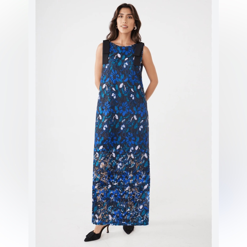 Abbey Glass
Michelle Floral Lace High Boat Neck Bow Shoulder Sleeveless Shift